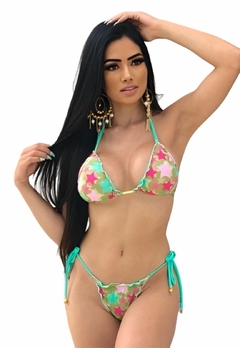 Biquíni Feminino Cortininha Com Bojo Estampado Calcinha Levanta Bumbum e Amarra Lateral