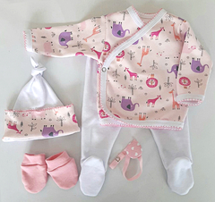 Imagen de Set mini para bebé en caja de cartulina: bata, rana, gorro, mitones y portachupetes