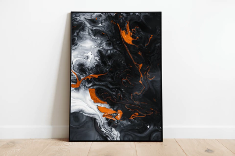 Quadro Abstrato Preto, Branco e Laranja