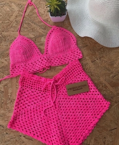 Conjunto Rosa Neon Crochê
