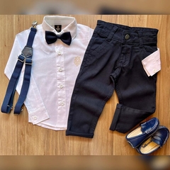 Conjunto Social Daniel - (4 peças) Calça Alfaiataria Azul Marinho, Camisa Branco, Suspensório e Gravata Azul Marinho - comprar online