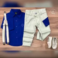 Conjunto Social Calebe - (4 peças) - Calça Bege, Camisa Azul Royal, Gravata e Suspensório Bege - comprar online