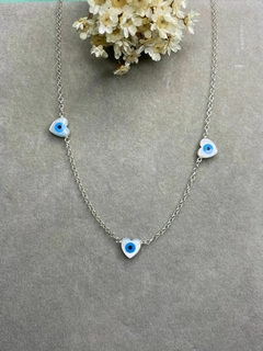 Choker 3 Corações Olho Grego Madre Pérola Prata 925