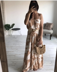 Vestido Siena estampado hojas en tostado - Romea Indumentaria