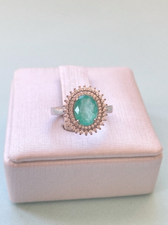 Anel prata pedra fusion verde oval - Vert Joias