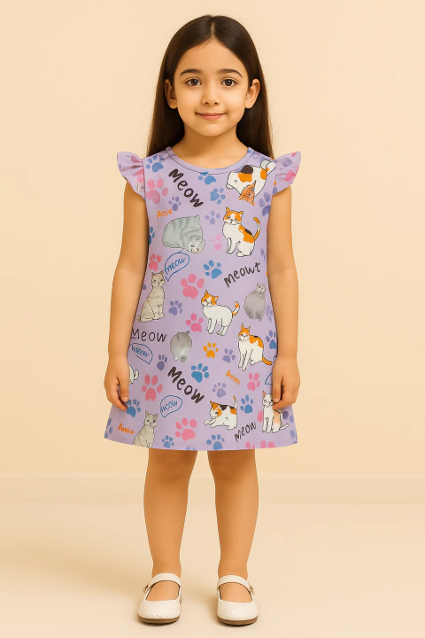 Vestido Trapézio Infantil Manga Babado Estampas - Gatinhos Lavanda