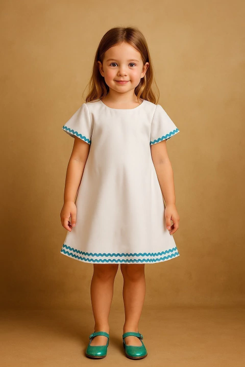 Vestido Trapézio Infantil Menina Blogueirinha Luxo - Branco Com Sianinha Azul