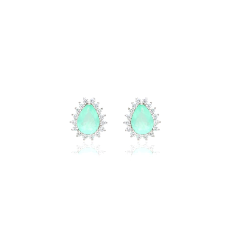 BRINCO DE PRATA 925 GOTA DE ESMERALDA COLOMBIANA E CRAVEJADO DE ZIRCÔNIAS