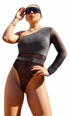 Body 1 Manga Lurex Transparencia Mujer Moda Brillo Sexy (374) - BAKMOR