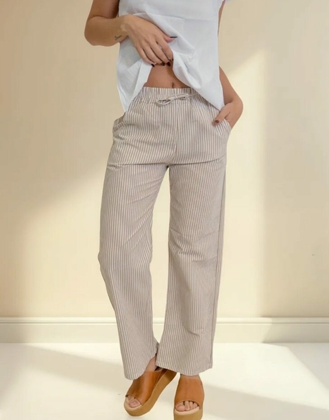 Pantalon Rayado Palazzo Verano Mujer Poplin Bolsillos (510)
