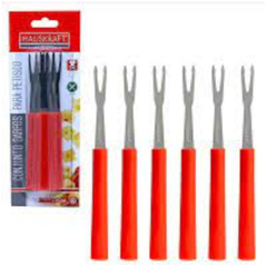CONJ. 6 GARFOS PARA PETISCOS VERMELHO 13,5X1,2X0,7CM AÇO INOX E PLÁSTICO