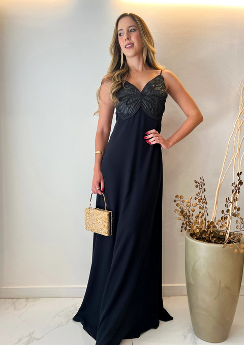 Vestido longo bordado borboleta