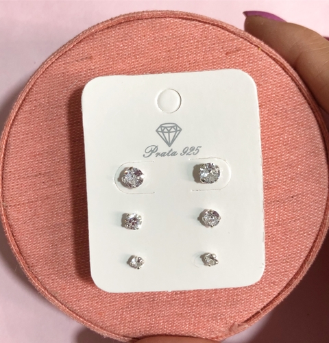Cartela trio de brincos zirconias Prata 925