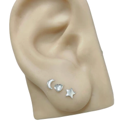 Trio de Brincos de Prata 925 Estrela Lua e Coração