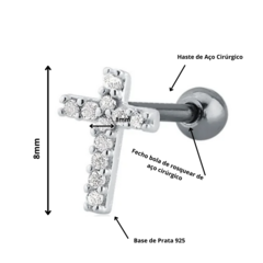 Piercing Cruz Cravejada Helix Tragus Flat Base Reta - FOR GIFT PRATA