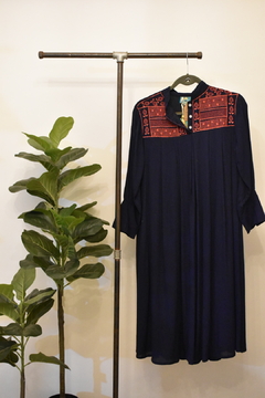 Vestido India bordado Azul/Fuccia