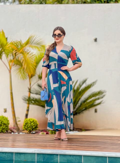 Vestido Godê Assimétrico Estampa Azul - Raquel