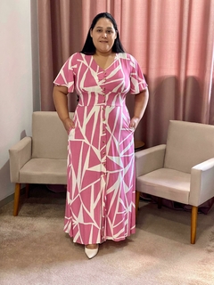 Vestido Longo Viscolinho Botões Funcional Rosa - Melania - loja online