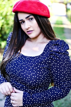 Vestido Tubinho Azul Manga Longa Estampa Coração - A Vitoriosa Moda Feminina Modesta 