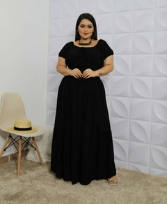 Vestido Longo Plus Size Preto Em Viscolinho - Suzana