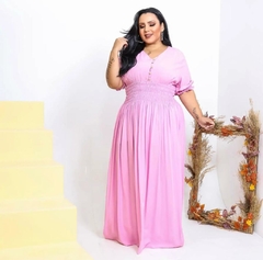 Vestido Plus Size Longo Rosa Claro Viscose Manga Curta - comprar online