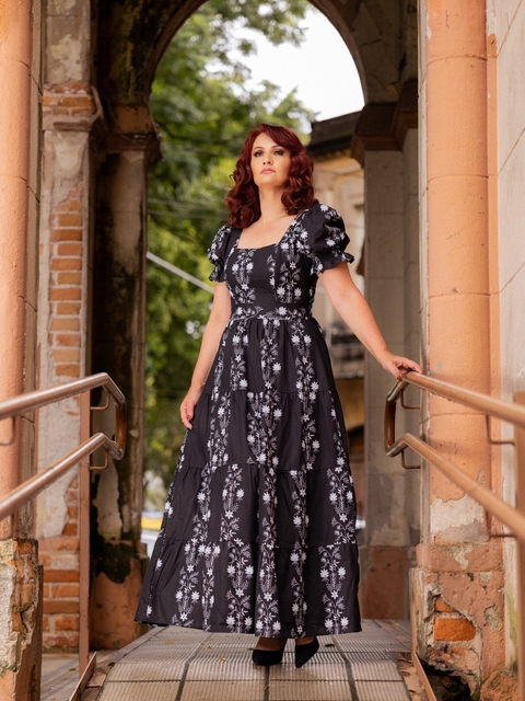 Vestido Longo Preto em Tricoline Estampado - Flora