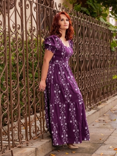 Vestido Longo Roxo em Tricoline Estampado - Flora - comprar online