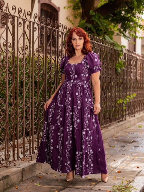 Vestido Longo Roxo em Tricoline Estampado - Flora