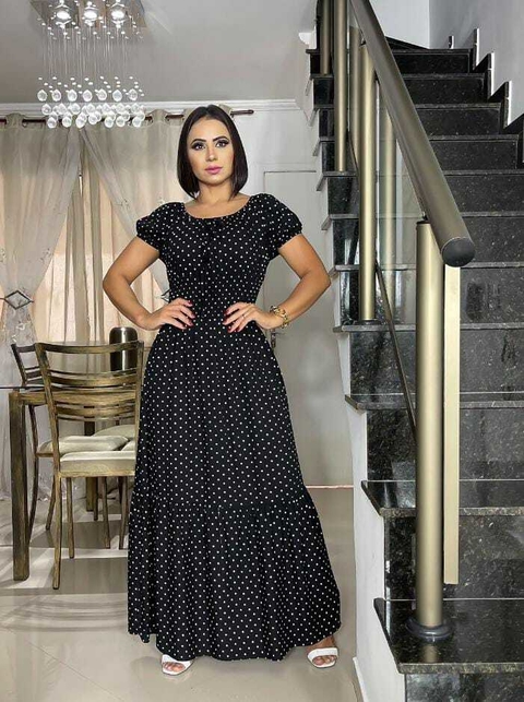 Vestido Ciganinha Longo Preto Mini Poá - Juliana