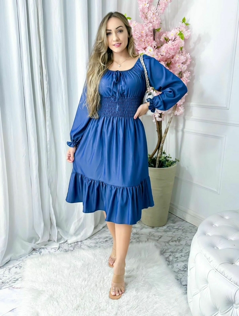 Vestido Mídi Ciganinha Evasê Azul Jeans -Alice