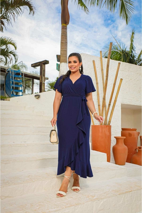 Vestido Mídi Azul Marinho Com Babados - Sofia