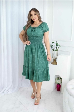 Vestido Ciganinha Manga Curta Verde Militar Mini Poá- Alice - A Vitoriosa Moda Feminina Modesta 