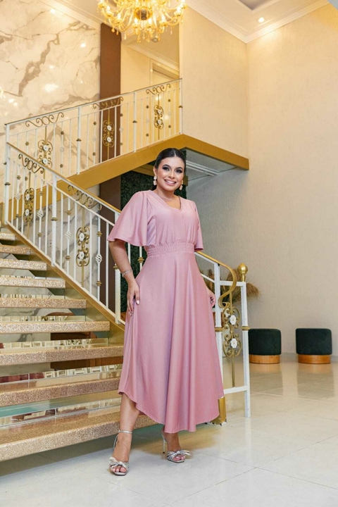 Vestido Maxi Mídi Rosa Manga Flare - Giovana