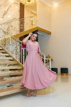 Vestido Maxi Mídi Rosa Manga Flare - Giovana na internet