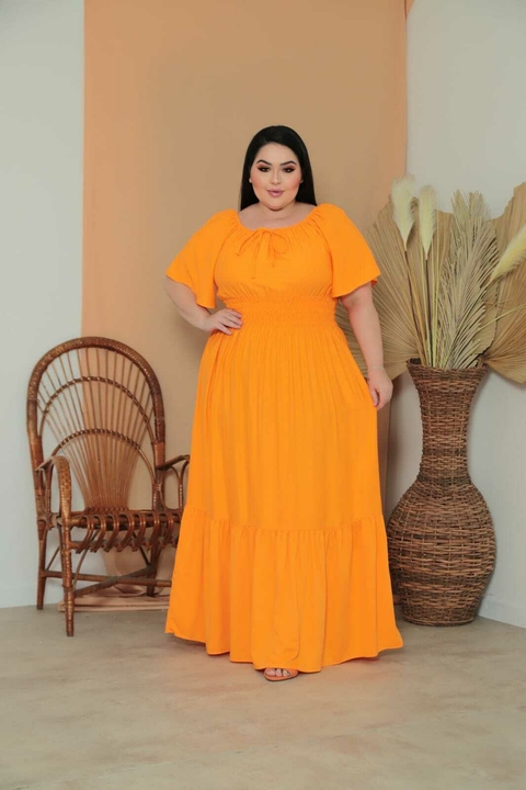 Vestido Plus Size Longo Amarelo Manga Flare Viscolinho - Rafaela