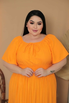 Vestido Plus Size Longo Amarelo Manga Flare Viscolinho - Rafaela - comprar online