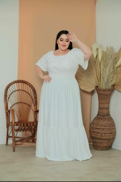 Vestido Plus Size Longo Branco Manga Flare - Rafaela - A Vitoriosa Moda Feminina Modesta 