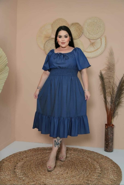 Vestido Mídi Ciganinha Plus Size Jeans Manga Flare - Gabriela