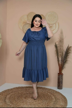Vestido Mídi Ciganinha Plus Size Jeans Manga Flare - Gabriela - A Vitoriosa Moda Feminina Modesta 