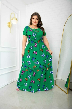 Vestido Ciganinha Longo Verde Bandeira Borboletas - Juliana