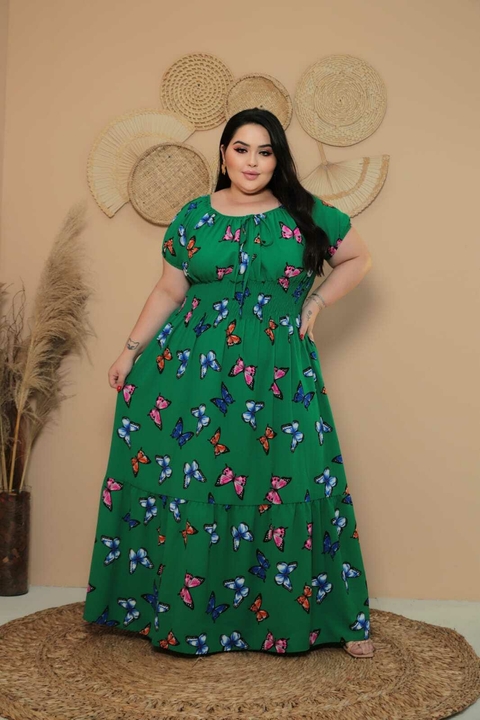 Vestido Ciganinha Plus Size Longo Verde Borboleta - Suzana