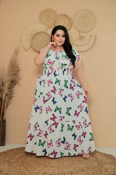Vestido Ciganinha Plus Size Longo Branco Borboleta - Suzana