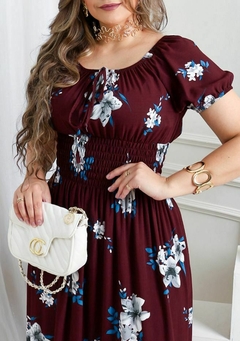 Vestido Ciganinha Longo Vinho Flores Manga Curta - Juliana - comprar online