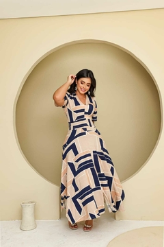 Vestido Godê Assimétrico Estampado Bege e Azul - Raquel - comprar online