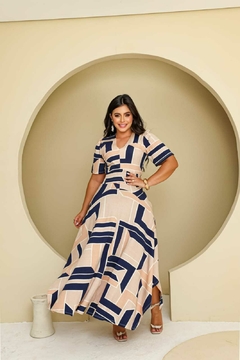 Vestido Godê Assimétrico Estampado Bege e Azul - Raquel