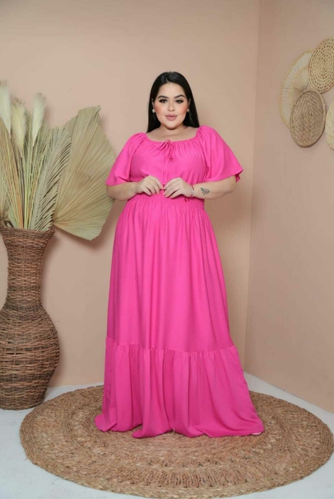 Vestido Plus Size Longo Manga Flare Pink - Rafaela