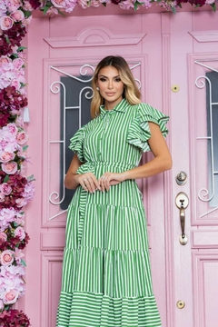 Vestido Maxi Mídi Crepe de Seda Listras Verde -Cristina - comprar online