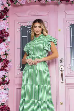 Vestido Maxi Mídi Crepe de Seda Listras Verde -Cristina - comprar online