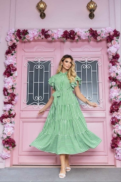 Vestido Maxi Mídi Crepe de Seda Listras Verde -Cristina