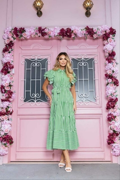 Vestido Maxi Mídi Crepe de Seda Listras Verde -Cristina - A Vitoriosa Moda Feminina Modesta 